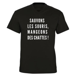 T-shirt col V - Sauvons les souris, mangeons des chattes !
