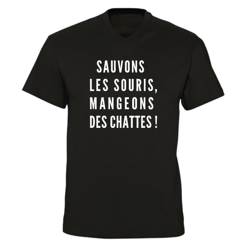 T-shirt col V - Sauvons les souris, mangeons des chattes !